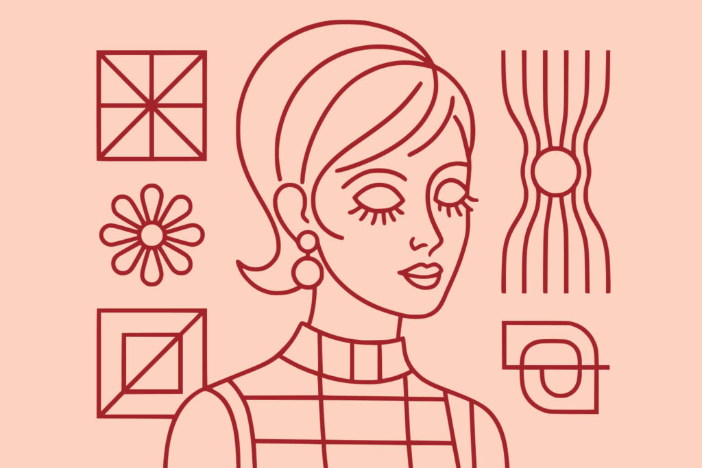 Line drawing of a woman with a beehive hairstyle and geometric patterned clothing, surrounded by various geometric shapes and a flower on a peach background.
