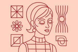 Line drawing of a woman with a beehive hairstyle and geometric patterned clothing, surrounded by various geometric shapes and a flower on a peach background.