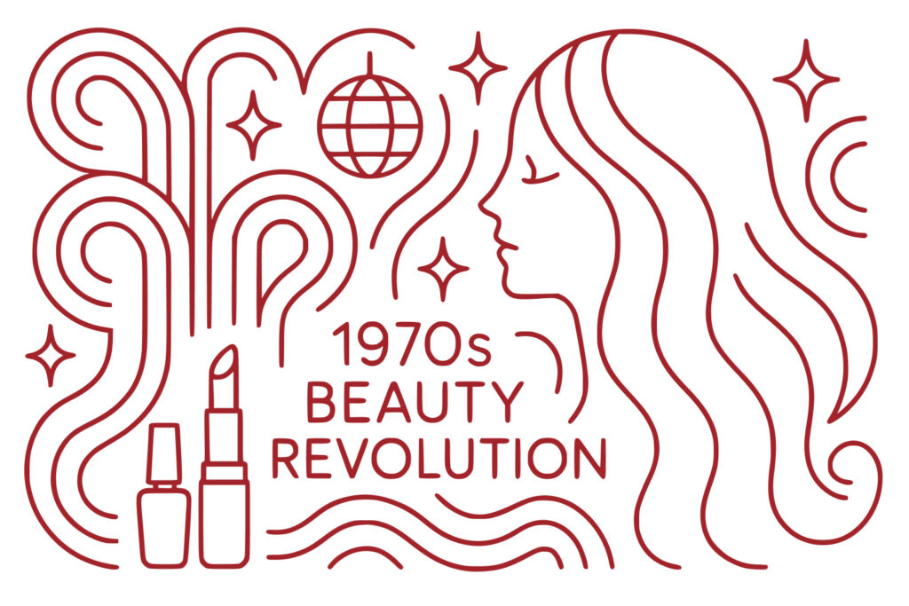 Line art illustration featuring a woman's profile, lipstick, nail polish, disco ball, stars, and the text "1970s Beauty Revolution.