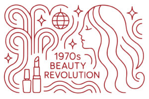Line art illustration featuring a woman's profile, lipstick, nail polish, disco ball, stars, and the text "1970s Beauty Revolution.