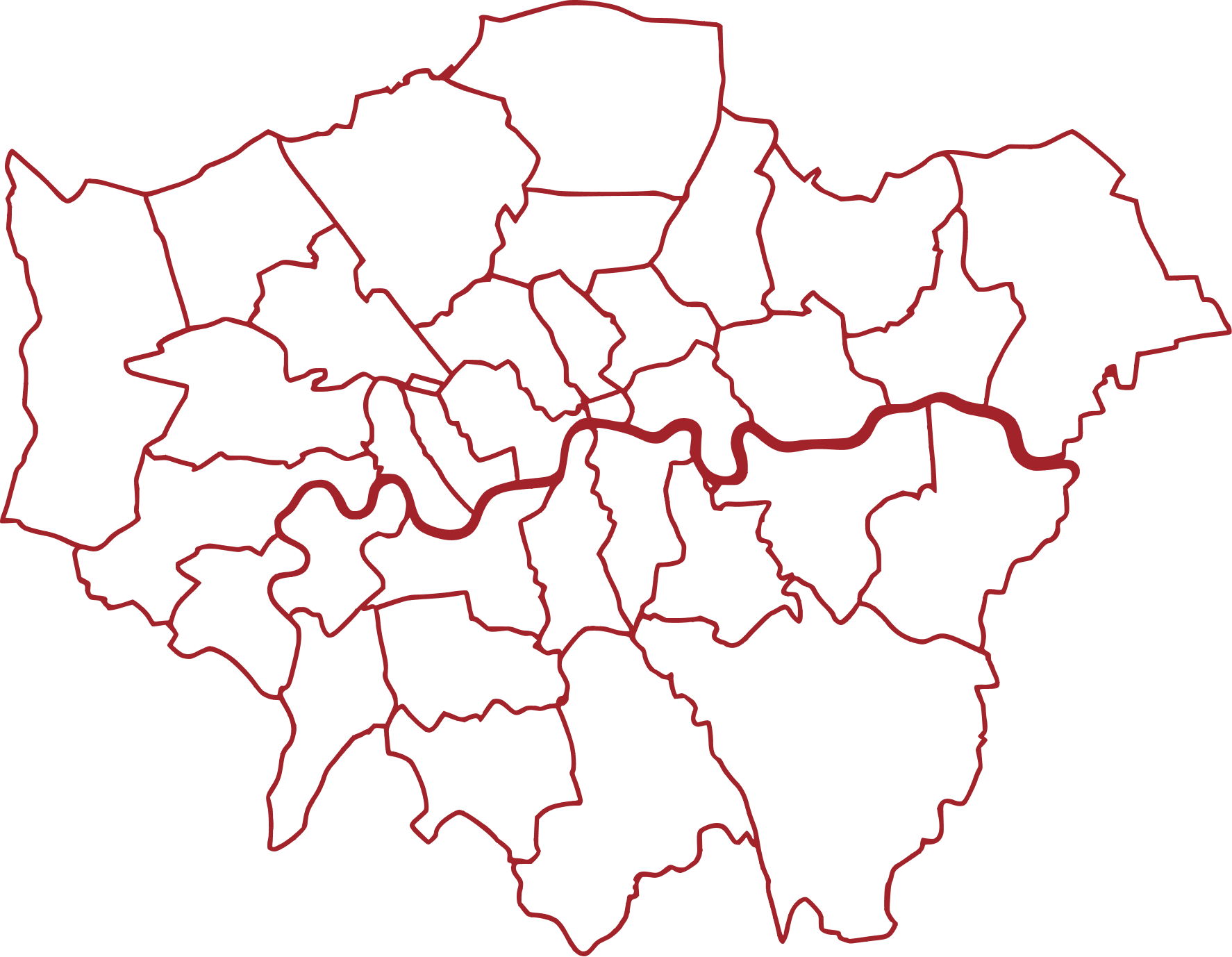 Outline map of Greater London showing borough boundaries, with the River Thames running horizontally—perfect for makeup artist London professionals seeking a visual guide to the city’s key areas.