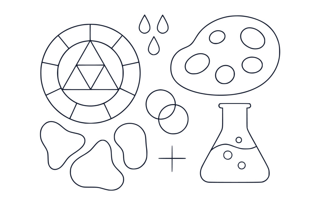 Line drawings of various symbols including a color wheel, paint palette, beaker, water drops, paint blobs, overlapping circles, and a plus sign on a white background.