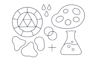 Line drawings of various symbols including a color wheel, paint palette, beaker, water drops, paint blobs, overlapping circles, and a plus sign on a white background.