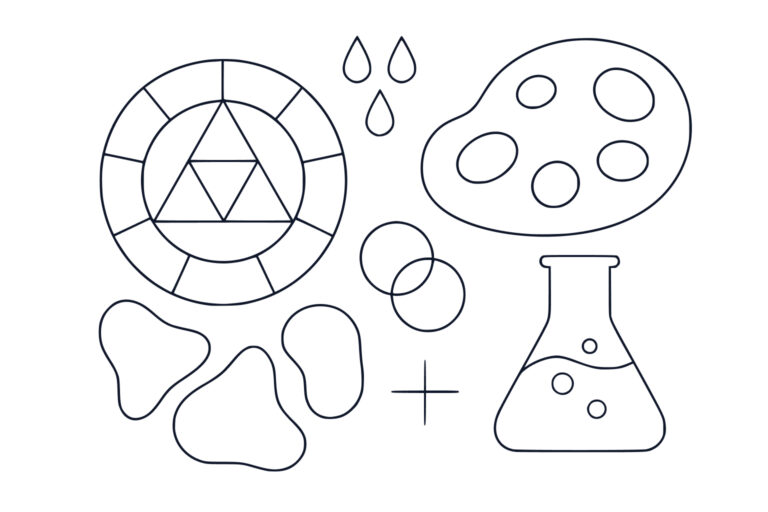Line drawings of various symbols including a color wheel, paint palette, beaker, water drops, paint blobs, overlapping circles, and a plus sign on a white background.