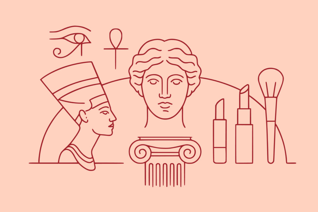 Line art illustration featuring ancient Egyptian and Greek symbols, a bust, a column, and modern makeup items like lipstick and brushes on a peach background.