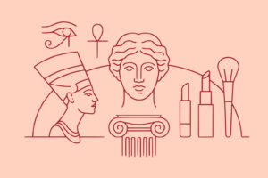 Line art illustration featuring ancient Egyptian and Greek symbols, a bust, a column, and modern makeup items like lipstick and brushes on a peach background.