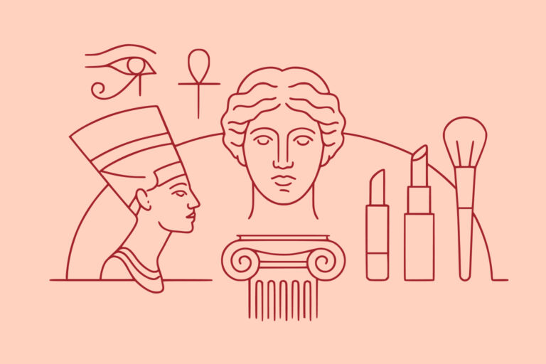 Line art illustration featuring ancient Egyptian and Greek symbols, a bust, a column, and modern makeup items like lipstick and brushes on a peach background.