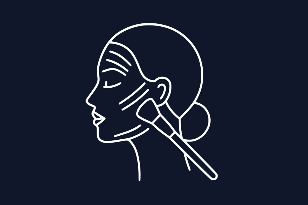 Line drawing of a woman's profile with a makeup brush applying product to her cheek on a dark background.