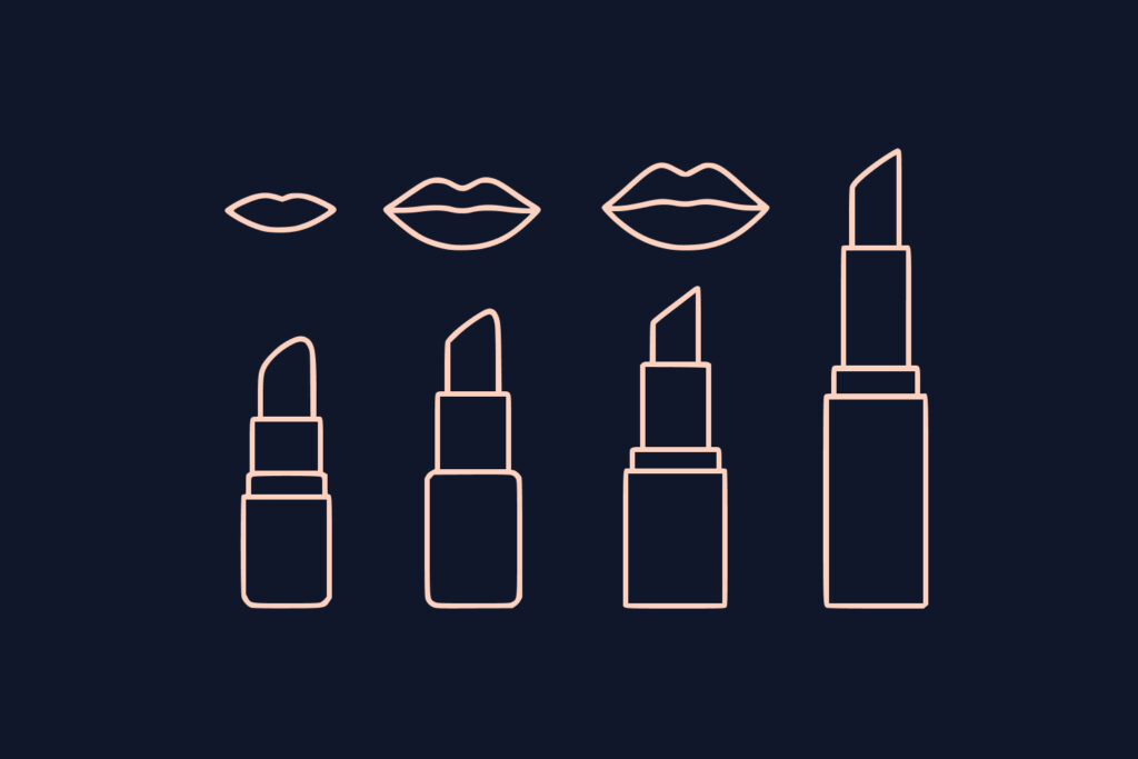 Outline drawing of three sets of lips above four lipsticks in various stages of use, all depicted with simple lines on a dark background.