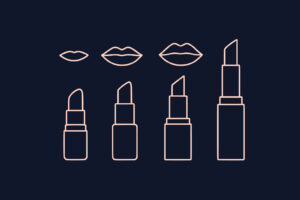 Outline drawing of three sets of lips above four lipsticks in various stages of use, all depicted with simple lines on a dark background.