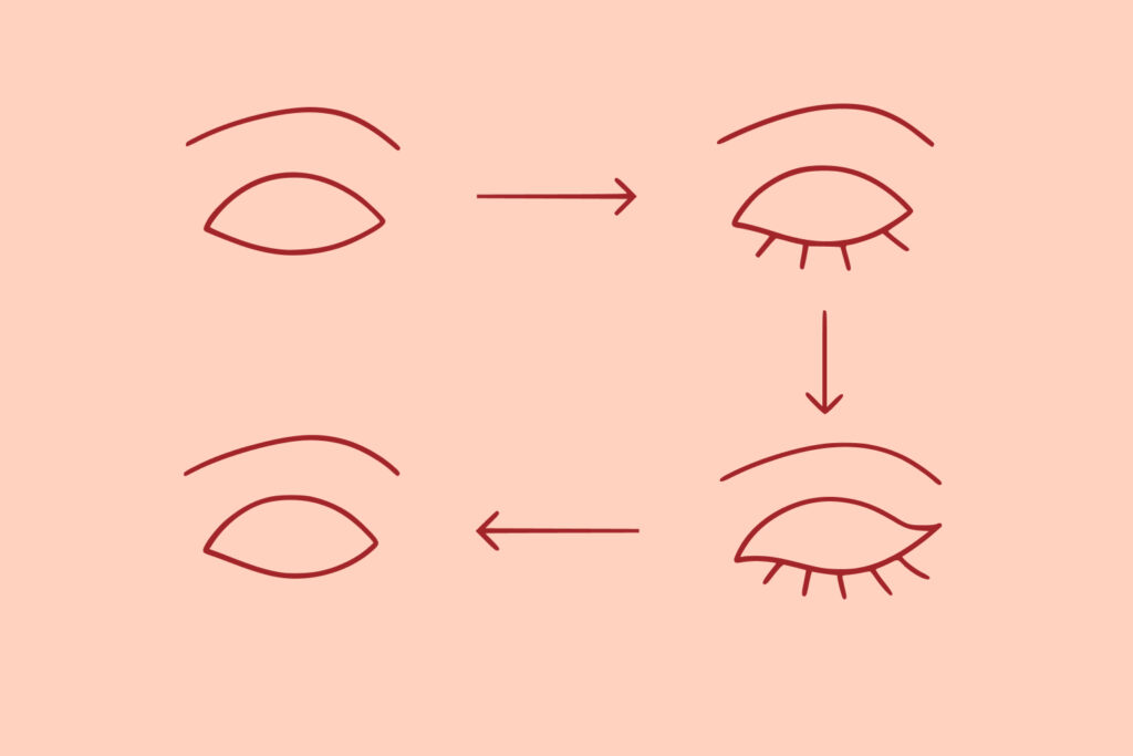 A simple diagram shows an eyebrow and eyelid transforming into an eye with lashes; arrows indicate steps for creating an eye illustration.