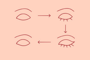 A simple diagram shows an eyebrow and eyelid transforming into an eye with lashes; arrows indicate steps for creating an eye illustration.