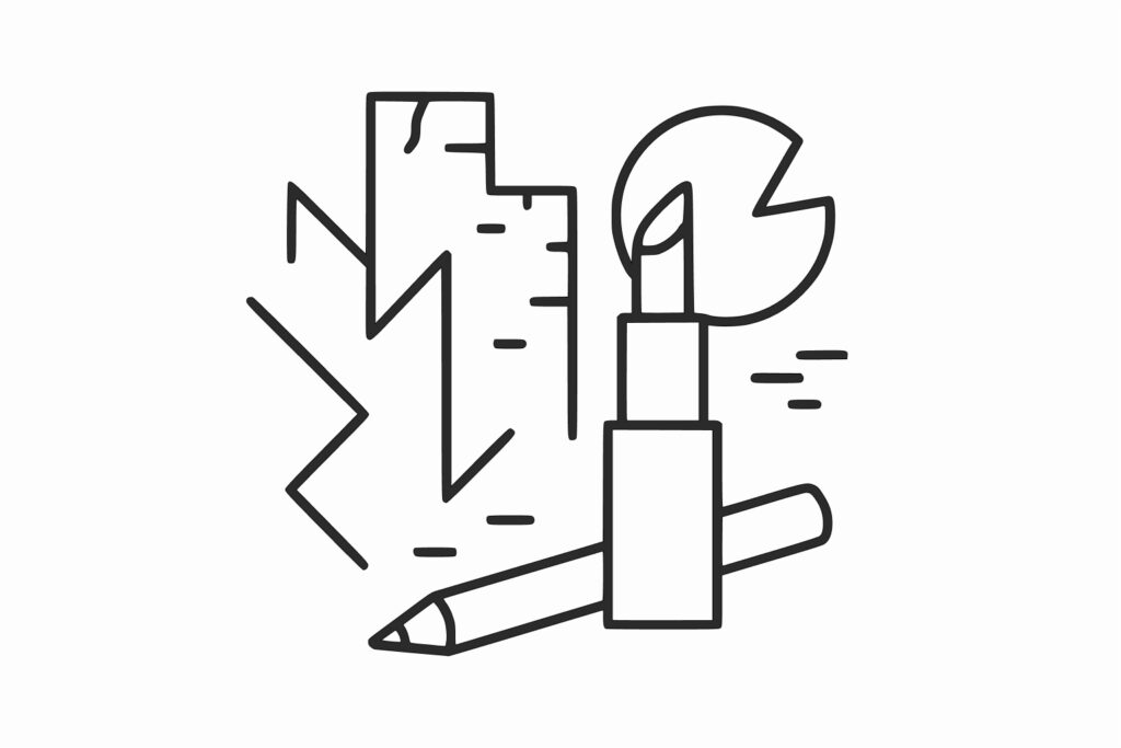 Line drawing of a paintbrush, pencil, ruler, and abstract shapes, representing tools and elements for art and design on a white background.