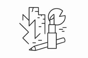 Line drawing of a paintbrush, pencil, ruler, and abstract shapes, representing tools and elements for art and design on a white background.