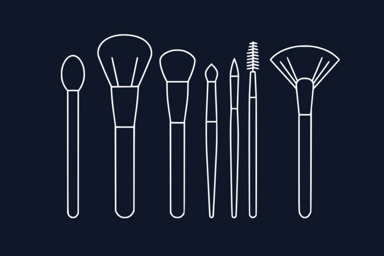 Line drawing of seven different makeup brushes and applicators on a dark background, each with distinct shapes and sizes.