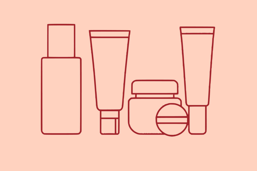 Outline illustration of various skincare or cosmetic containers, including bottles, tubes, and jars, set against a light peach background.
