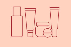 Outline illustration of various skincare or cosmetic containers, including bottles, tubes, and jars, set against a light peach background.