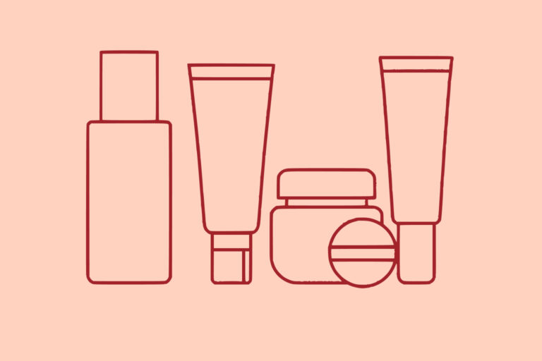 Outline illustration of various skincare or cosmetic containers, including bottles, tubes, and jars, set against a light peach background.