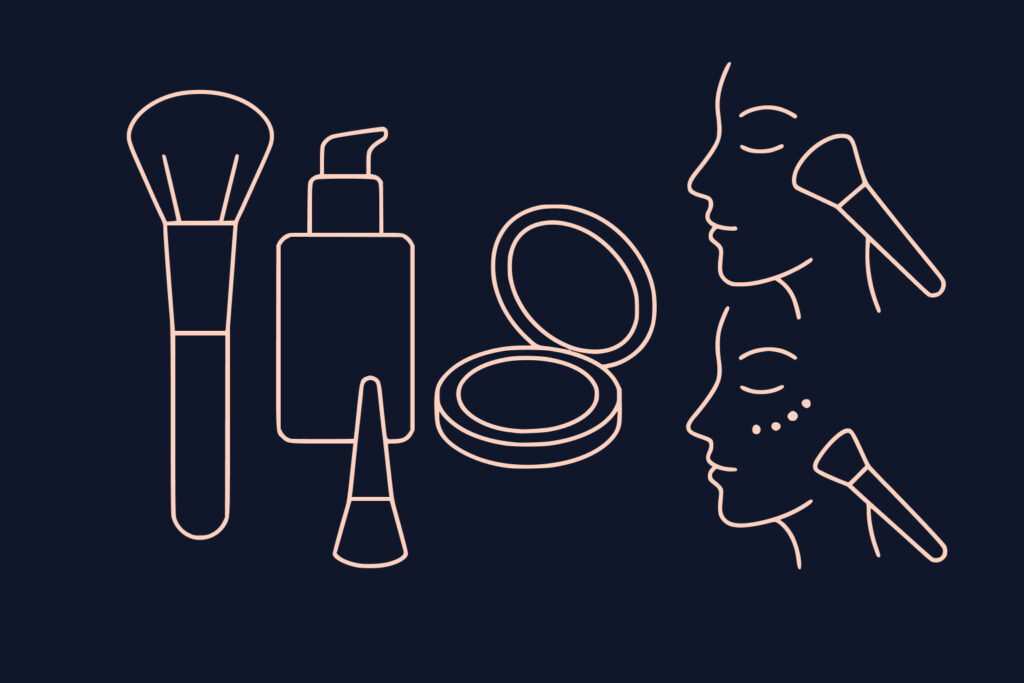 Line drawing of makeup tools, including a brush, pump bottle, tube, compact, and illustrations showing makeup application on two faces.