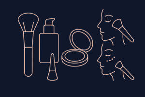 Line drawing of makeup tools, including a brush, pump bottle, tube, compact, and illustrations showing makeup application on two faces.