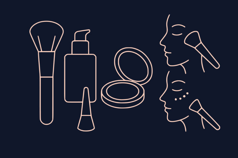 Line drawing of makeup tools, including a brush, pump bottle, tube, compact, and illustrations showing makeup application on two faces.