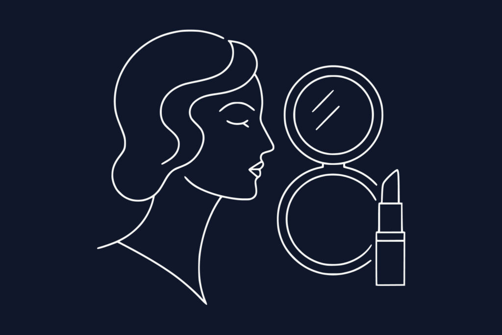 Line drawing of a woman's profile next to an open compact mirror and a tube of lipstick, all on a dark background.