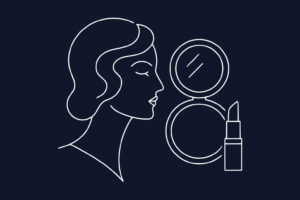 Line drawing of a woman's profile next to an open compact mirror and a tube of lipstick, all on a dark background.