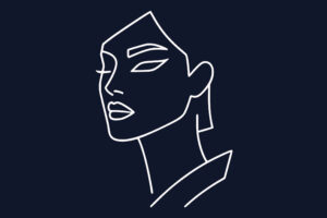 Minimalist white line drawing of a woman's face and neck on a dark background, featuring stylized facial features and a high collar.