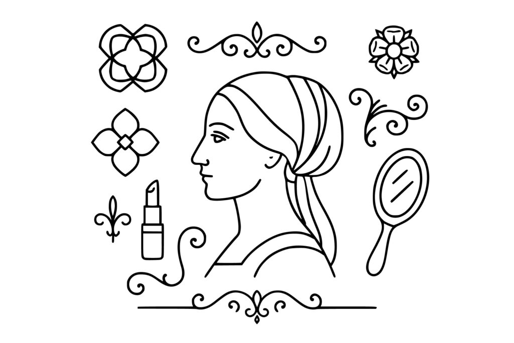 Line drawing of a woman's profile surrounded by floral designs, a handheld mirror, a lipstick, and decorative elements.