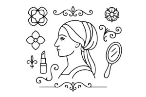 Line drawing of a woman's profile surrounded by floral designs, a handheld mirror, a lipstick, and decorative elements.