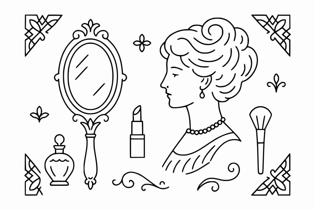 Line drawing of a woman in profile with styled hair and jewelry, surrounded by a mirror, lipstick, perfume bottle, makeup brush, and decorative elements.