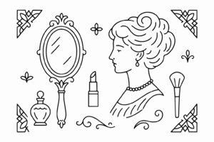 Line drawing of a woman in profile with styled hair and jewelry, surrounded by a mirror, lipstick, perfume bottle, makeup brush, and decorative elements.